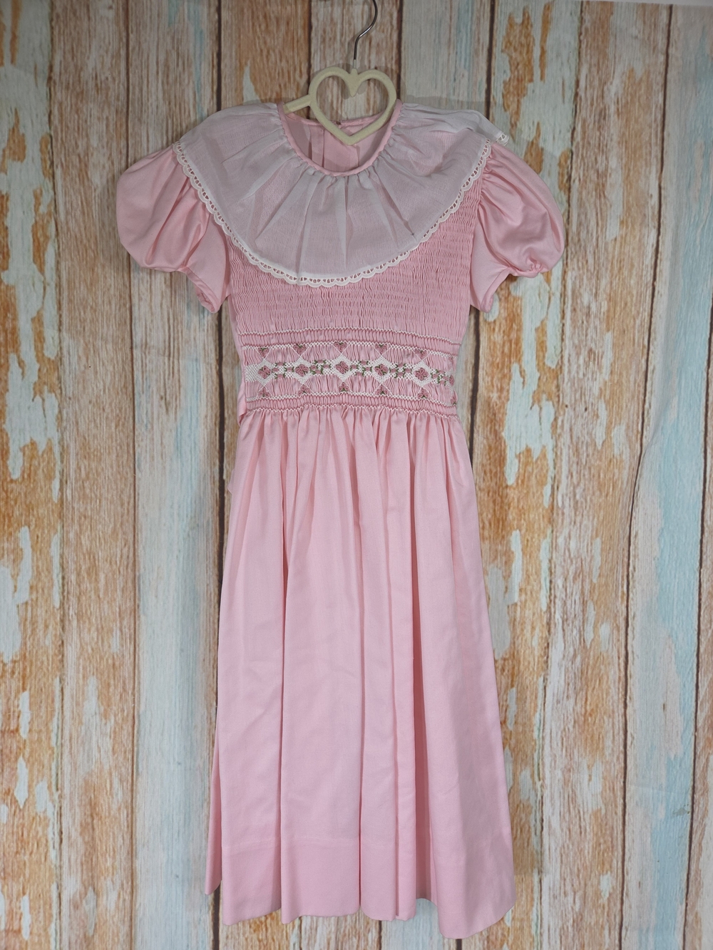 Vintage Pink Smocked Girls' Dress with Lace Yoke. Size 7